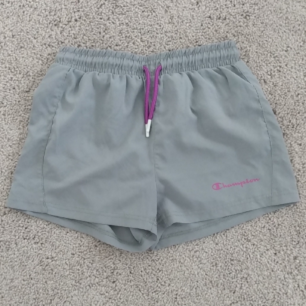 Girl's Champion Gray Athletic Shorts with Pink Logo